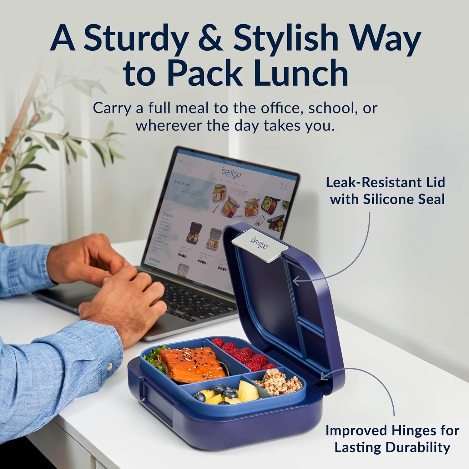 Bentgo® Modern - Leak-Resistant Bento Lunch Box For Adults, Teens, & Larger Appetites; Reusable BPA-Free Meal Prep Container with 3 or 4 Compartments, Dishwasher/Microwave Safe; 5 Cups (Navy) - Image 2