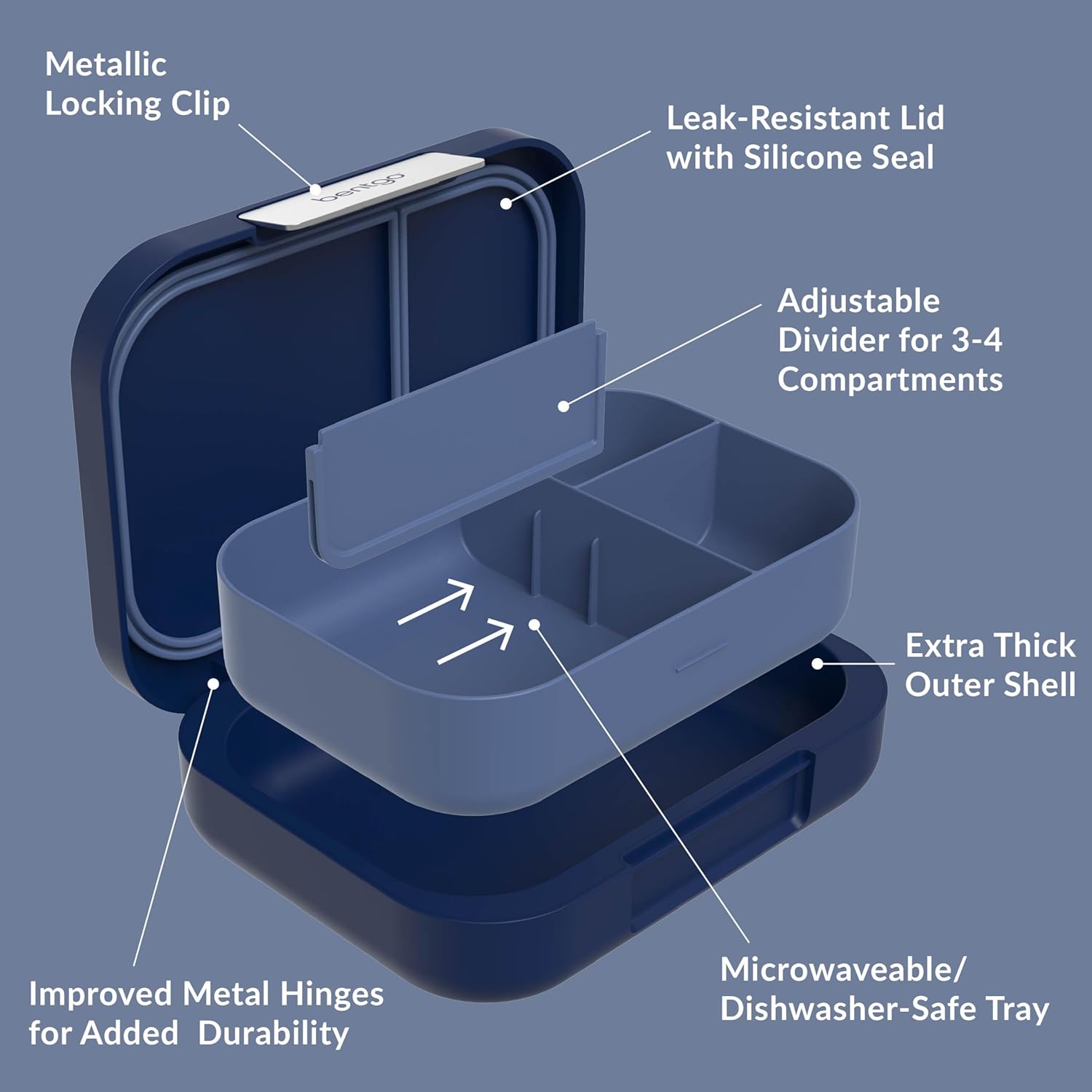 Bentgo® Modern - Leak-Resistant Bento Lunch Box For Adults, Teens, & Larger Appetites; Reusable BPA-Free Meal Prep Container with 3 or 4 Compartments, Dishwasher/Microwave Safe; 5 Cups (Navy) - Image 5