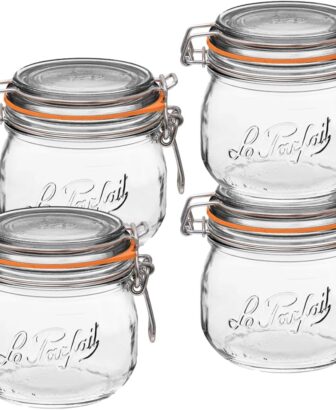 Le Parfait Super Jar 500mL (16oz) French Glass Preserving Jar w/Airtight Rubber Seal & Wire Bail Closure - BPA-Free Canning Jar for Pickles, Fruit, Sauce & Food Storage - Made in France Since 1930 4PK