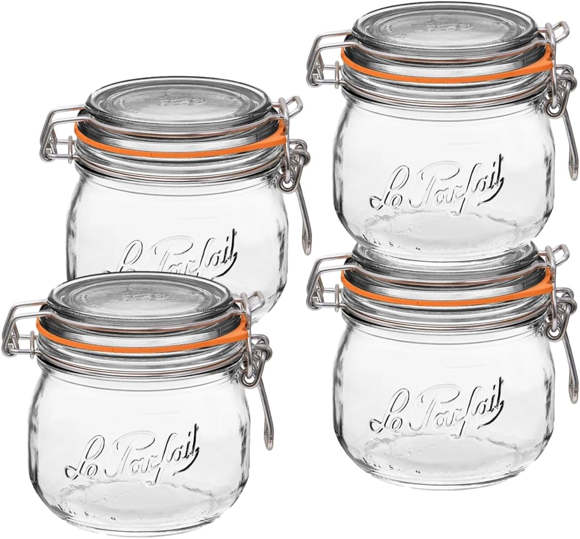 Le Parfait Super Jar 500mL (16oz) French Glass Preserving Jar w/Airtight Rubber Seal & Wire Bail Closure - BPA-Free Canning Jar for Pickles, Fruit, Sauce & Food Storage - Made in France Since 1930 4PK